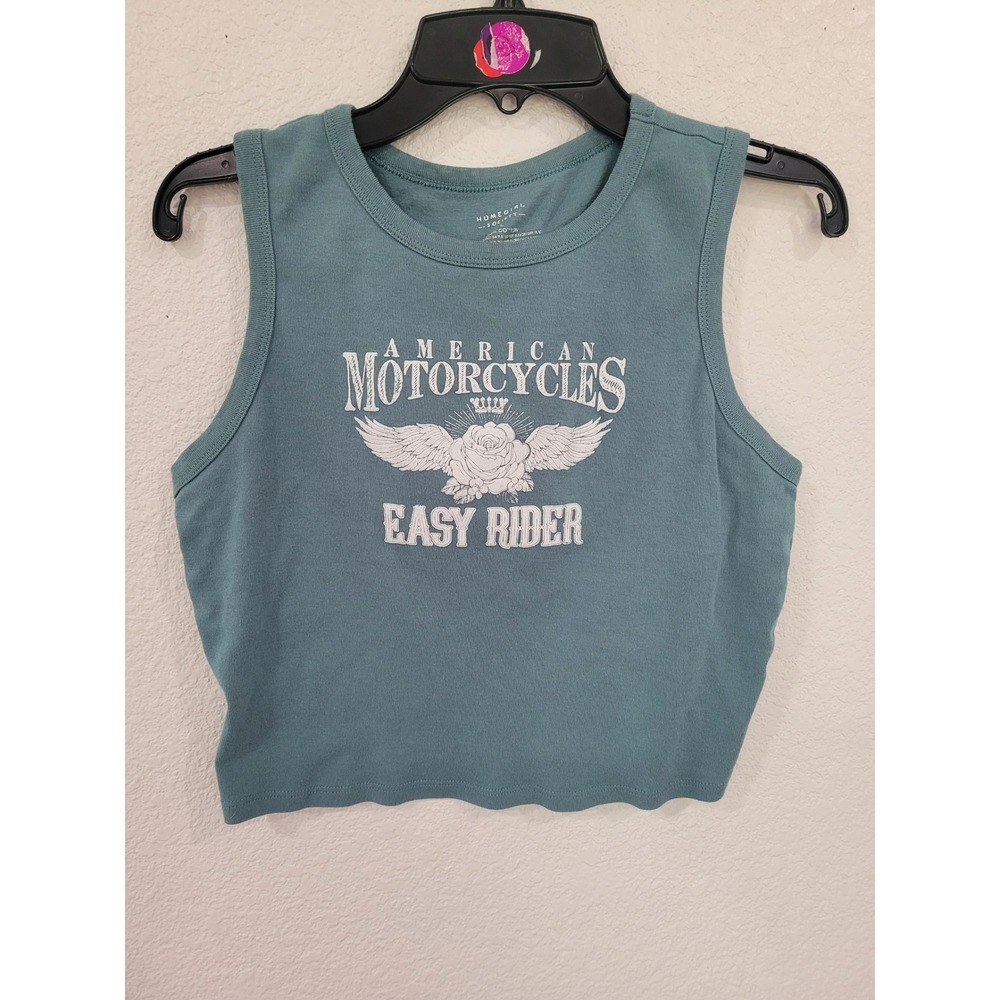 Homegirl Society Teal American Motorcycles Easy Rider Graphic Crop Tank Top L #3